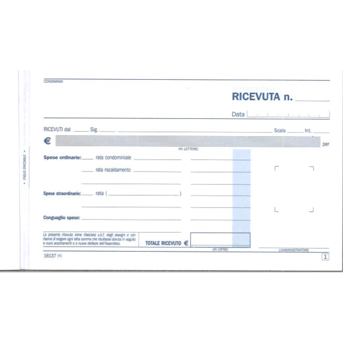DATA UFFICIO - RICEVUTE DI CONDOMINIO in DUPLICE COPIA 10x16,8 cm. - DU161370000