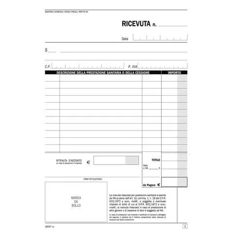 DATA UFFICIO - BLOCCO RICEVUTE SANITARIE, REGISTRO DEGLI ONORARI E DELLE FATTURE in DUPLICE COPIA 21,5x14,8 cm. - DU165470000